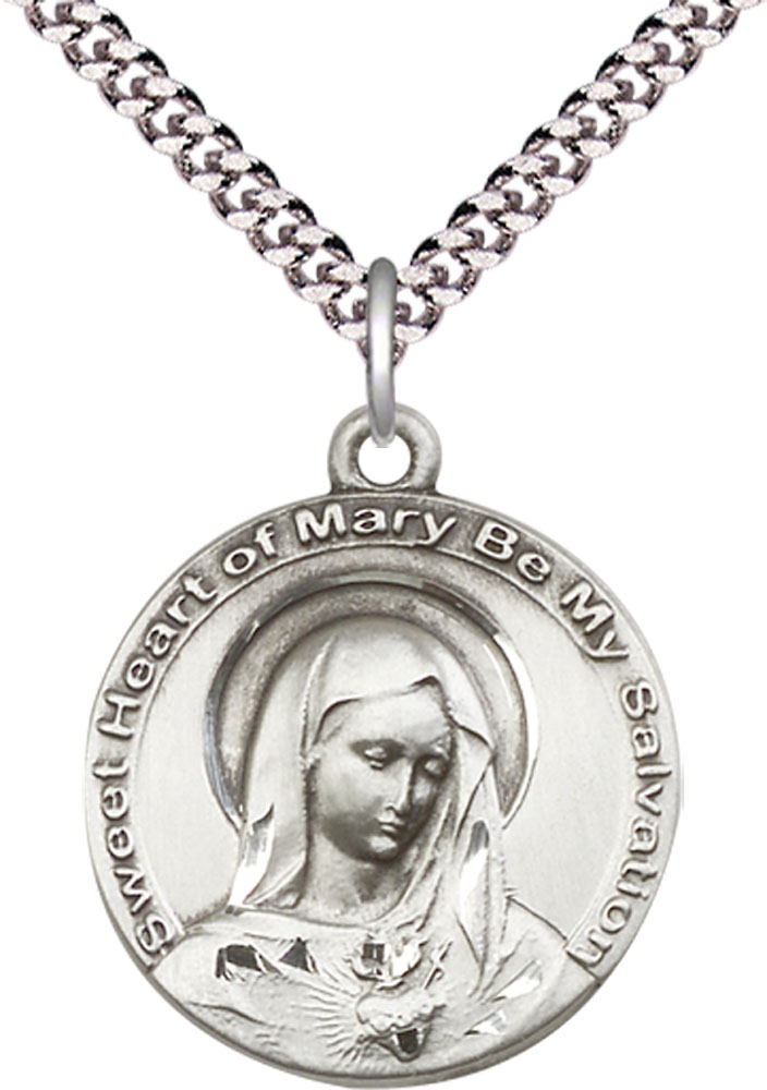 Sterling Silver Mary Pendant on a 24 inch Light Rhodium Heavy Curb chain