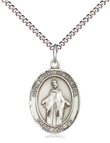 Sterling Silver Our Lady of Africa Pendant on a 18 inch Light Rhodium Light Curb chain