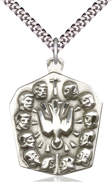 Sterling Silver Apostles Pendant on a 24 inch Light Rhodium Heavy Curb chain