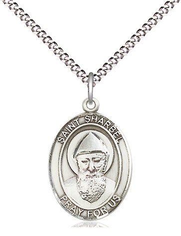 Sterling Silver Saint Sharbel Pendant on a 18 inch Light Rhodium Light Curb chain