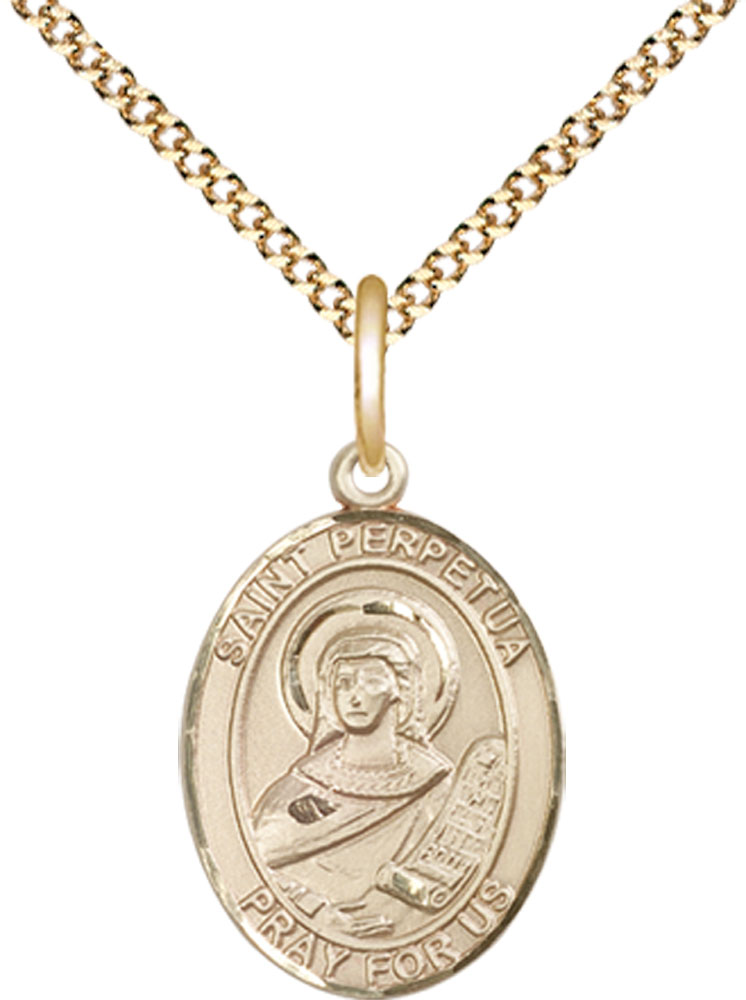 14kt Gold Filled Saint Perpetua Pendant on a 18 inch Gold Plate Light Curb chain