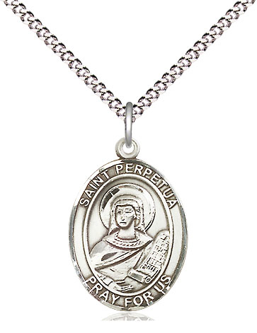 Sterling Silver Saint Perpetua Pendant on a 18 inch Light Rhodium Light Curb chain