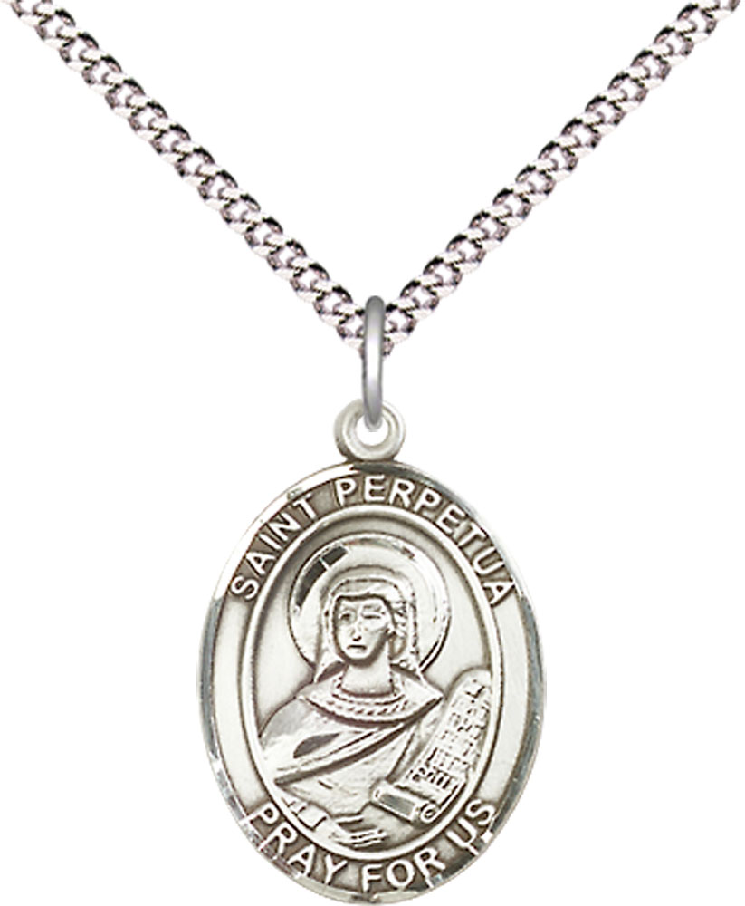 Sterling Silver Saint Perpetua Pendant on a 18 inch Light Rhodium Light Curb chain