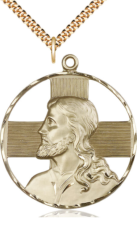 14kt Gold Filled Christ Profile Pendant on a 24 inch Gold Plate Heavy Curb chain