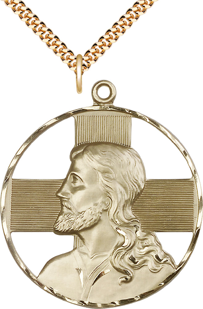 14kt Gold Filled Christ Profile Pendant on a 24 inch Gold Plate Heavy Curb chain