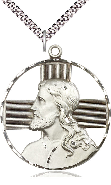 Sterling Silver Christ Profile Pendant on a 24 inch Light Rhodium Heavy Curb chain