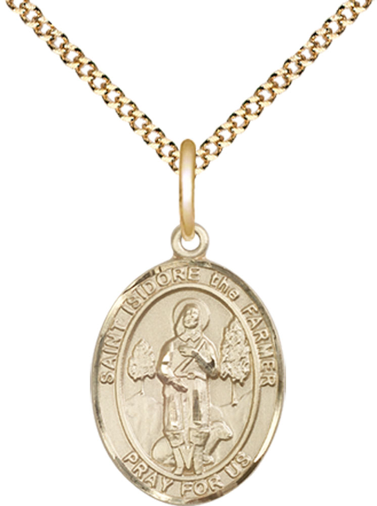 14kt Gold Filled Saint Isidore the Farmer Pendant on a 18 inch Gold Plate Light Curb chain