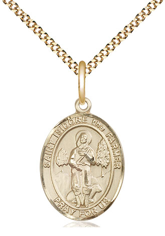 14kt Gold Filled Saint Isidore the Farmer Pendant on a 18 inch Gold Plate Light Curb chain