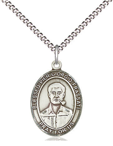 Sterling Silver Blessed Pier Giorgio Frassati Pendant on a 18 inch Light Rhodium Light Curb chain