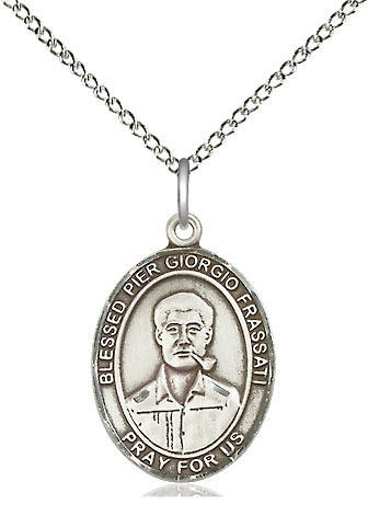 Sterling Silver Blessed Pier Giorgio Frassati Pendant on a 18 inch Sterling Silver Light Curb chain