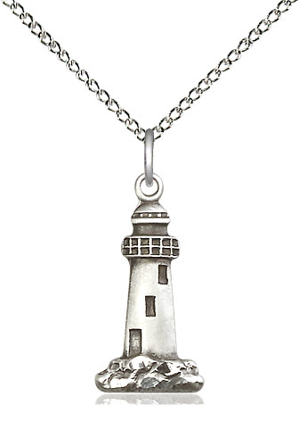 Sterling Silver Lighthouse Pendant on a 18 inch Sterling Silver Light Curb chain
