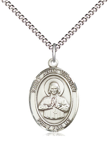 Sterling Silver Saint John Vianney Pendant on a 18 inch Light Rhodium Light Curb chain