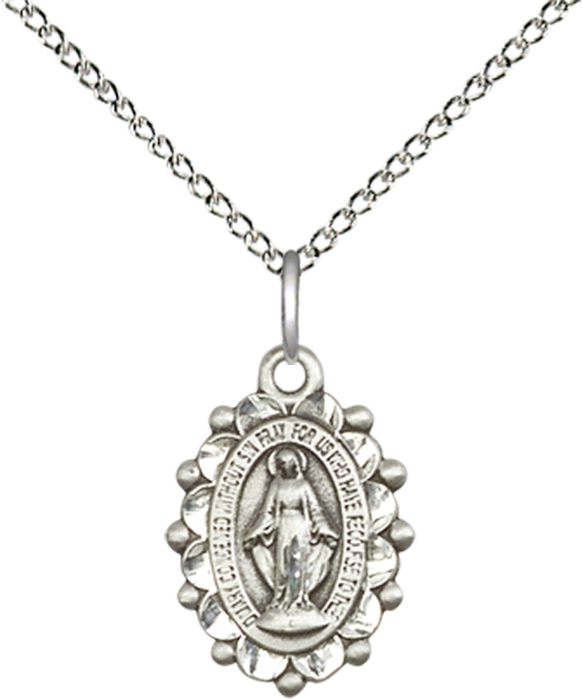 Sterling Silver Miraculous Pendant on a 18 inch Sterling Silver Light Curb chain