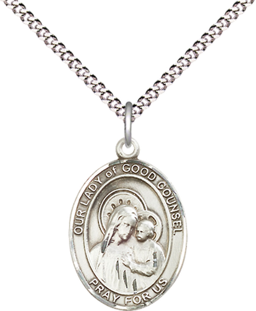 Sterling Silver Our Lady of Good Counsel Pendant on a 18 inch Light Rhodium Light Curb chain