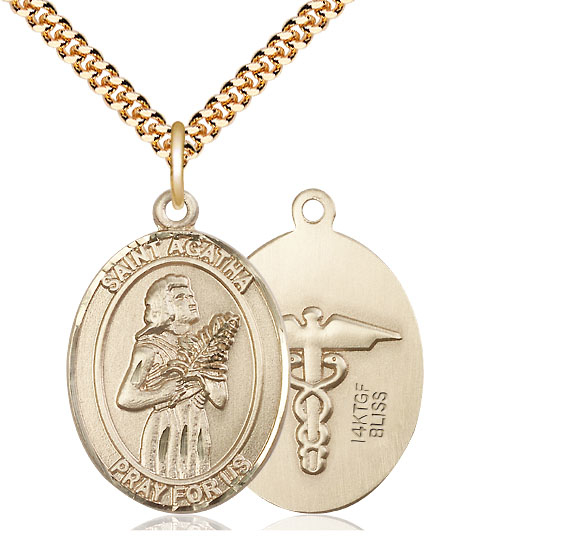 14kt Gold Filled Saint Agatha Nurse Pendant on a 24 inch Gold Plate Heavy Curb chain
