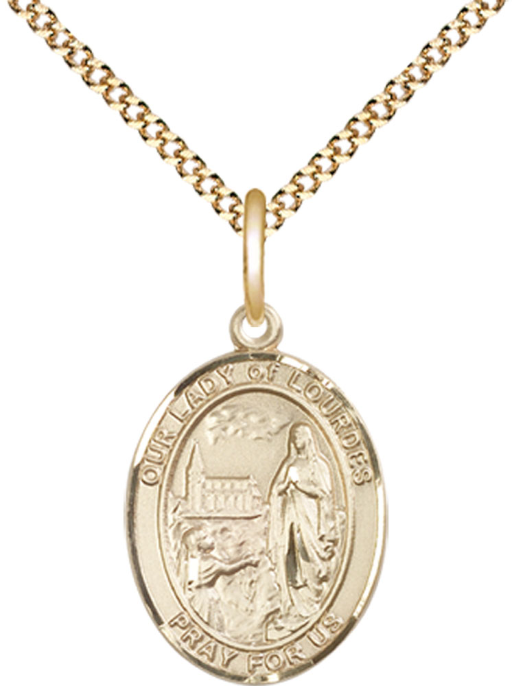 14kt Gold Filled Our Lady of Lourdes Pendant on a 18 inch Gold Plate Light Curb chain
