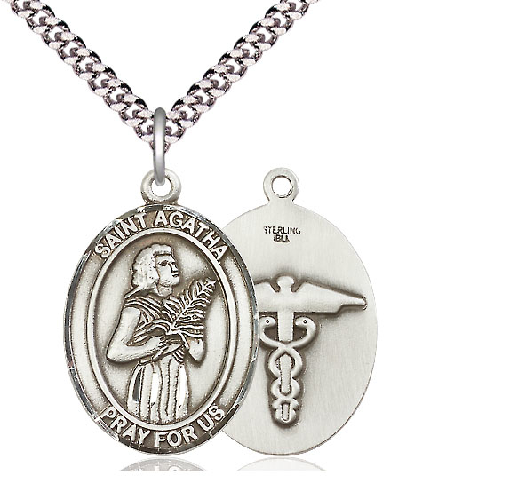 Sterling Silver Saint Agatha Nurse Pendant on a 24 inch Light Rhodium Heavy Curb chain