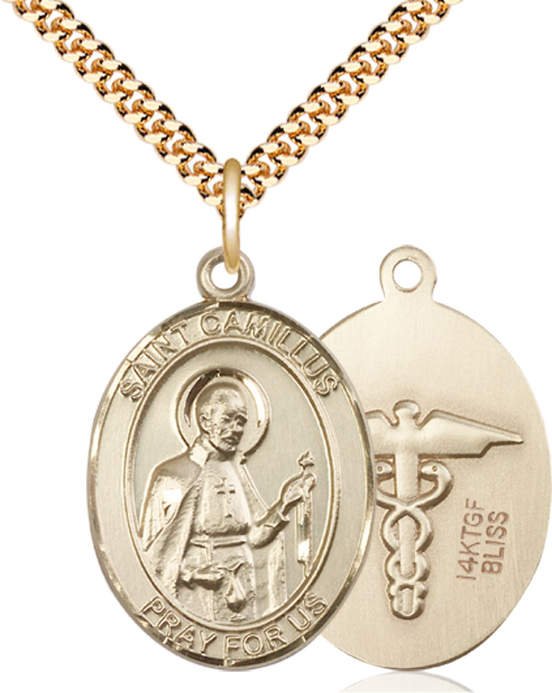 14kt Gold Filled Saint Camillus of Lellis Nurse Pendant on a 24 inch Gold Plate Heavy Curb chain