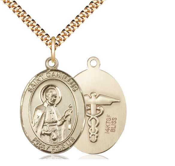 14kt Gold Filled Saint Camillus of Lellis Nurse Pendant on a 24 inch Gold Plate Heavy Curb chain