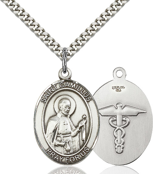 Sterling Silver Saint Camillus of Lellis Nurse Pendant on a 24 inch Light Rhodium Heavy Curb chain