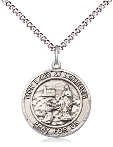 Sterling Silver Our Lady of Lourdes Pendant on a 18 inch Light Rhodium Light Curb chain