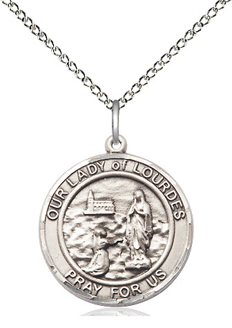 Sterling Silver Our Lady of Lourdes Pendant on a 18 inch Sterling Silver Light Curb chain