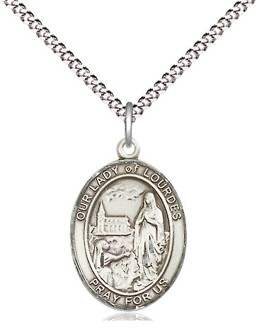 Sterling Silver Our Lady of Lourdes Pendant on a 18 inch Light Rhodium Light Curb chain