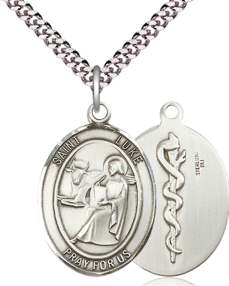 Sterling Silver Saint Luke the Apostle Doctor Pendant on a 24 inch Light Rhodium Heavy Curb chain
