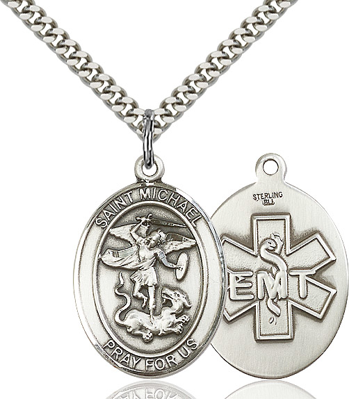 Sterling Silver Saint Michael EMT Pendant on a 24 inch Light Rhodium Heavy Curb chain