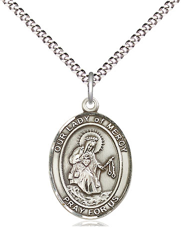 Sterling Silver Our Lady of Mercy Pendant on a 18 inch Light Rhodium Light Curb chain