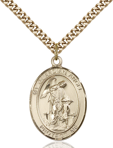 14kt Gold Filled Guardian Angel w/Child Pendant on a 24 inch Gold Plate Heavy Curb chain