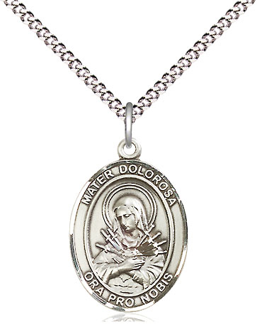 Sterling Silver Mater Dolorosa Pendant on a 18 inch Light Rhodium Light Curb chain