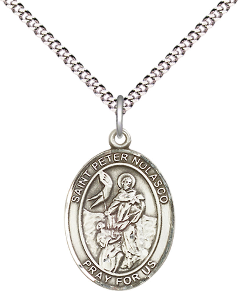 Sterling Silver Saint Peter Nolasco Pendant on a 18 inch Light Rhodium Light Curb chain