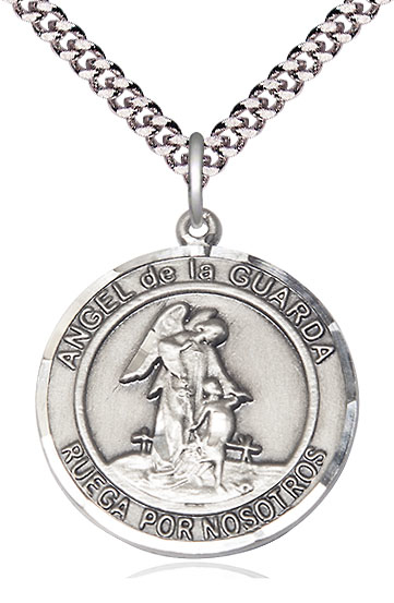 Sterling Silver Angel de la Guarda Pendant on a 24 inch Light Rhodium Heavy Curb chain