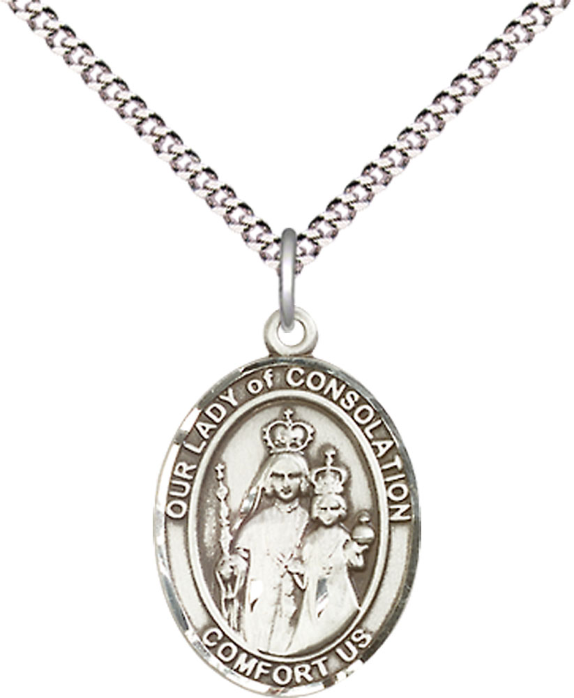 Sterling Silver Our Lady of Consolation Pendant on a 18 inch Light Rhodium Light Curb chain
