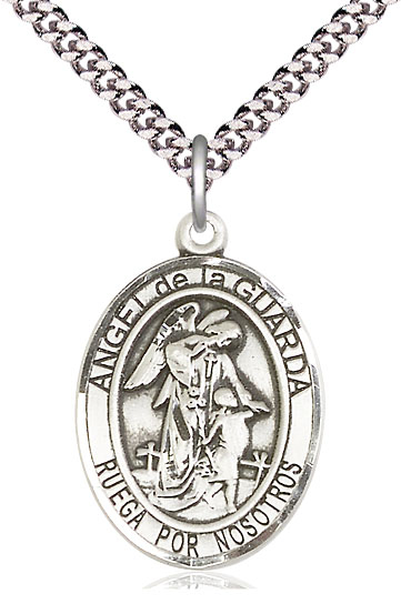 Sterling Silver Angel de la Guarda Pendant on a 24 inch Light Rhodium Heavy Curb chain