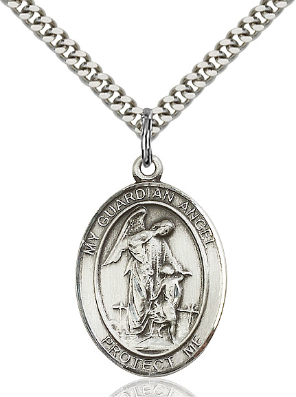 Sterling Silver Guardian Angel w/Child Pendant on a 24 inch Light Rhodium Heavy Curb chain