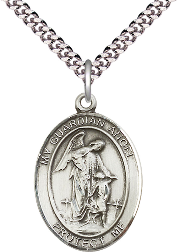 Sterling Silver Guardian Angel w/Child Pendant on a 24 inch Light Rhodium Heavy Curb chain