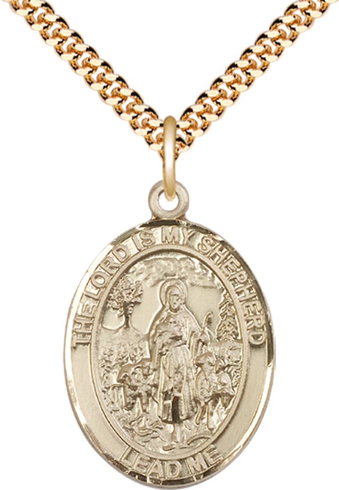 14kt Gold Filled Lord Is My Shepherd Pendant on a 24 inch Gold Plate Heavy Curb chain