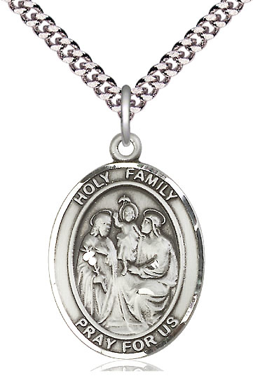 Sterling Silver Holy Family Pendant on a 24 inch Light Rhodium Heavy Curb chain
