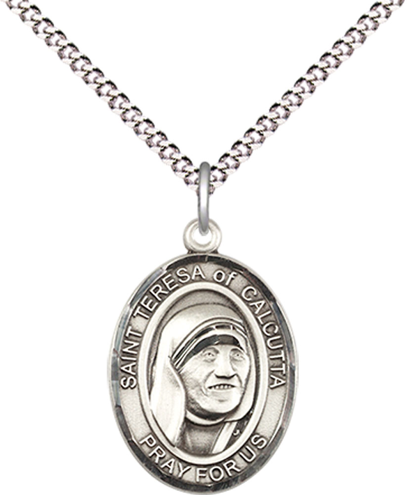 Sterling Silver Saint Teresa of Calcutta Pendant on a 18 inch Light Rhodium Light Curb chain
