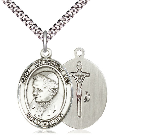 Sterling Silver Pope Benedict XVI Pendant on a 24 inch Light Rhodium Heavy Curb chain
