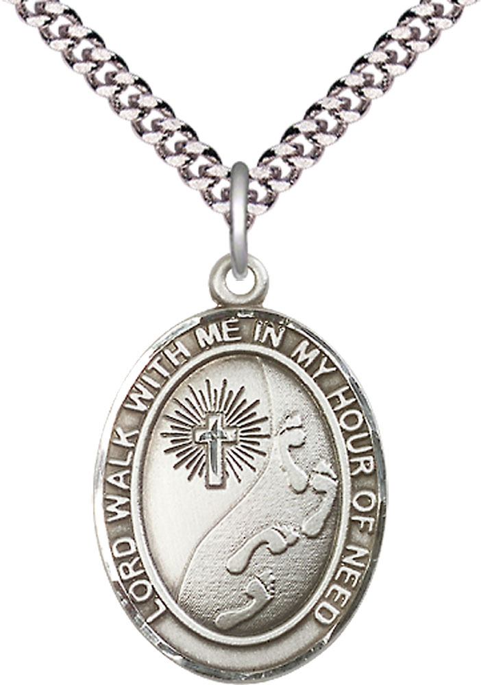 Sterling Silver Footprints Cross Pendant on a 24 inch Light Rhodium Heavy Curb chain