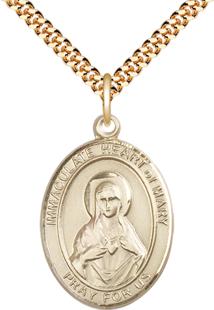 14kt Gold Filled Immaculate Heart of Mary Pendant on a 24 inch Gold Plate Heavy Curb chain