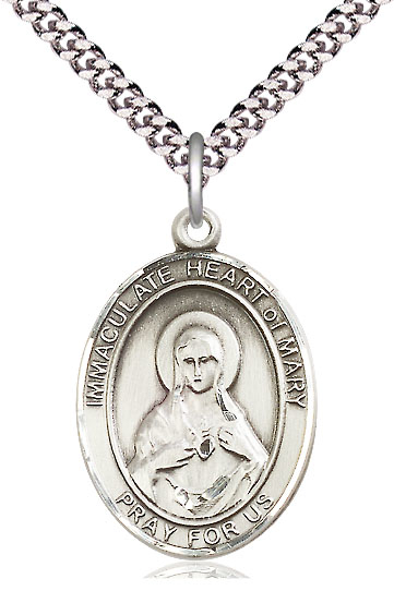 Sterling Silver Immaculate Heart of Mary Pendant on a 24 inch Light Rhodium Heavy Curb chain