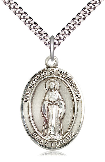 Sterling Silver Virgin of the Globe Pendant on a 24 inch Light Rhodium Heavy Curb chain