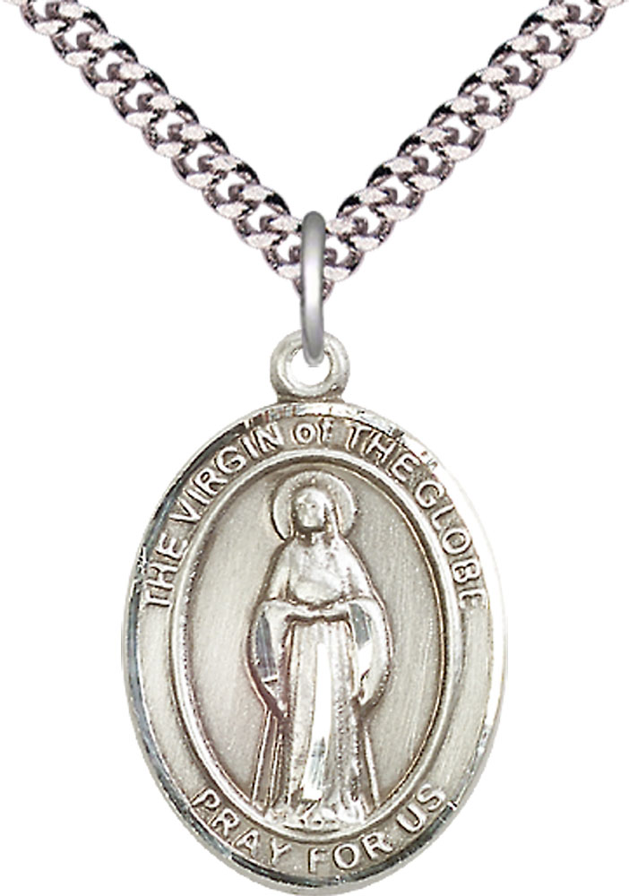 Sterling Silver Virgin of the Globe Pendant on a 24 inch Light Rhodium Heavy Curb chain
