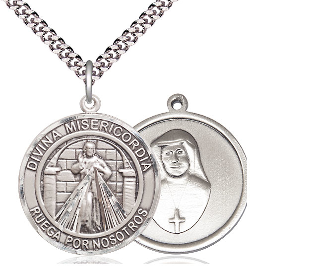 Sterling Silver Divina Misericordia Pendant on a 24 inch Light Rhodium Heavy Curb chain