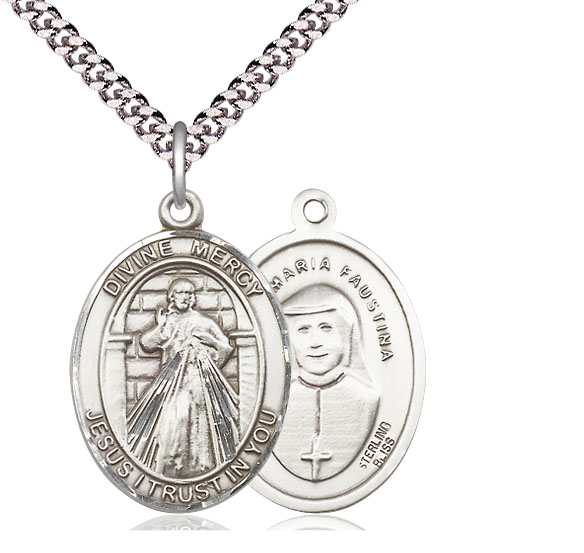 Sterling Silver Divine Mercy Pendant on a 24 inch Light Rhodium Heavy Curb chain