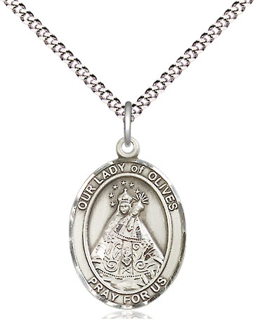 Sterling Silver Our Lady of Olives Pendant on a 18 inch Light Rhodium Light Curb chain